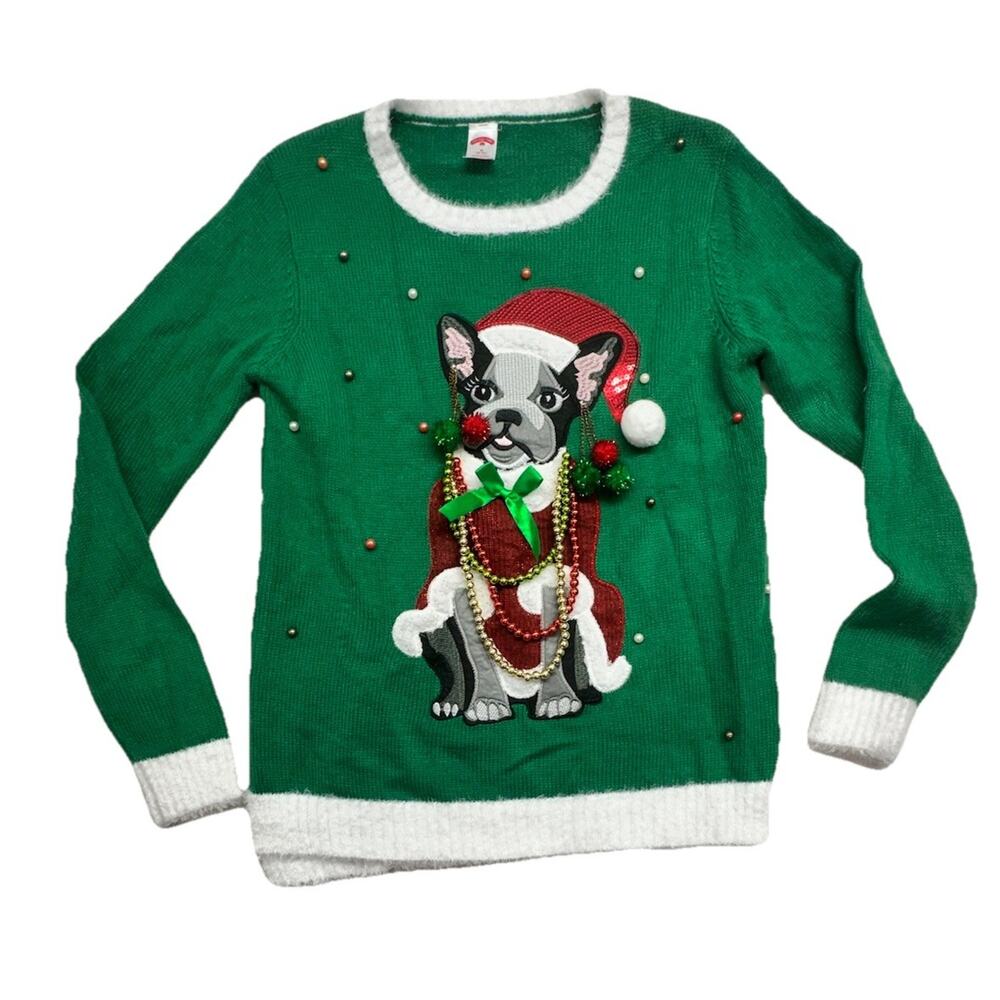 Ugly Christmas Sweater Womens Size Medium Pug Dog With Beads Sequins Holiday